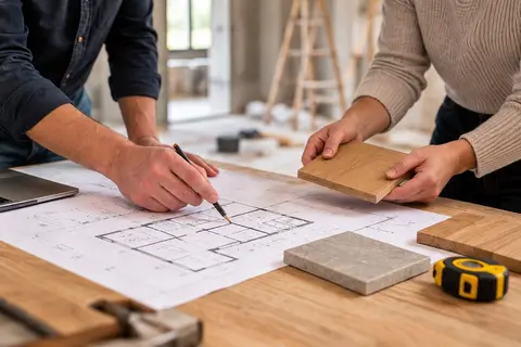 Dłonie nad dokumentacją projektową i próbki materiałów